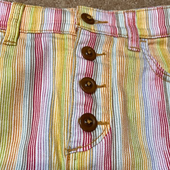 Maeve Anthropologie Size 8 Rainbow Striped Stretch Denim Mini Skirt Buttonfly - Picture 6 of 13